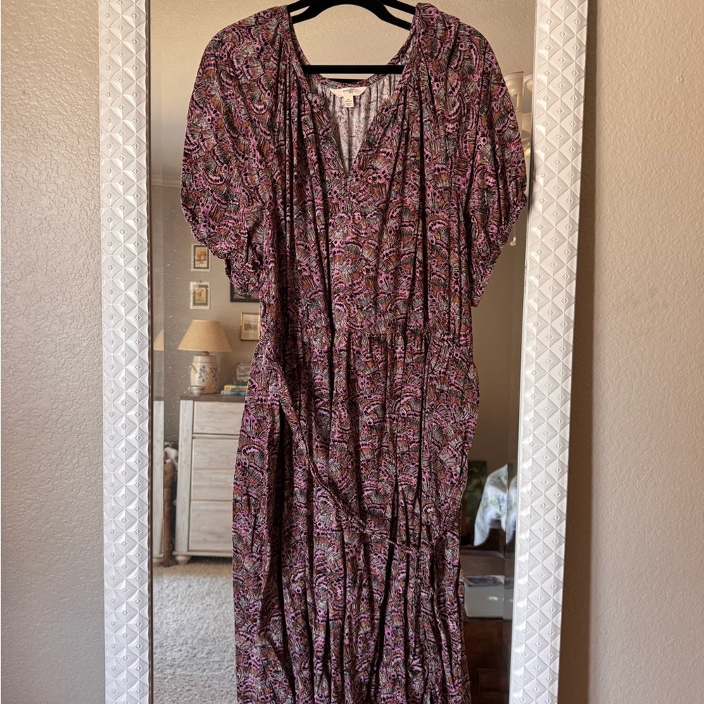 Terra & Sky Pink Paisley Midi Dress with Puff Sleeves